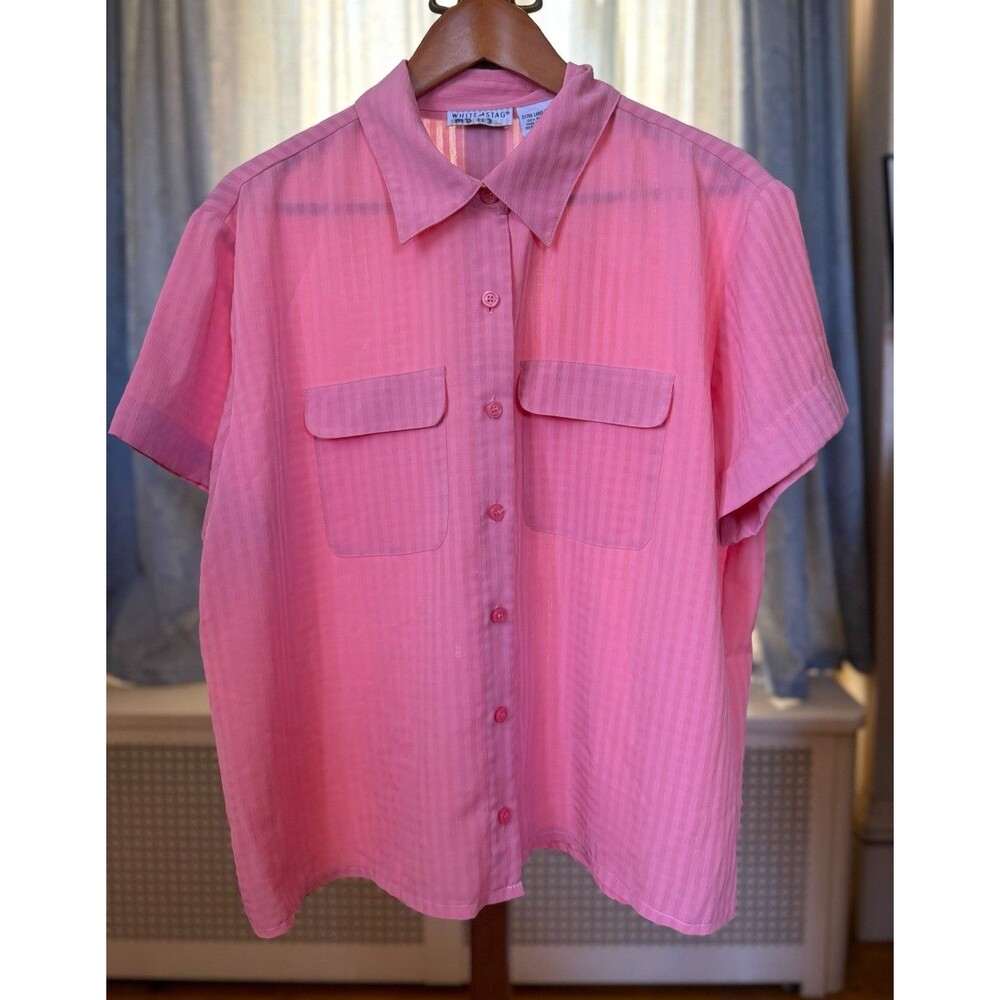 White Stag Women's XL Pink Striped Collared Short Sleeve Woven Button-Up